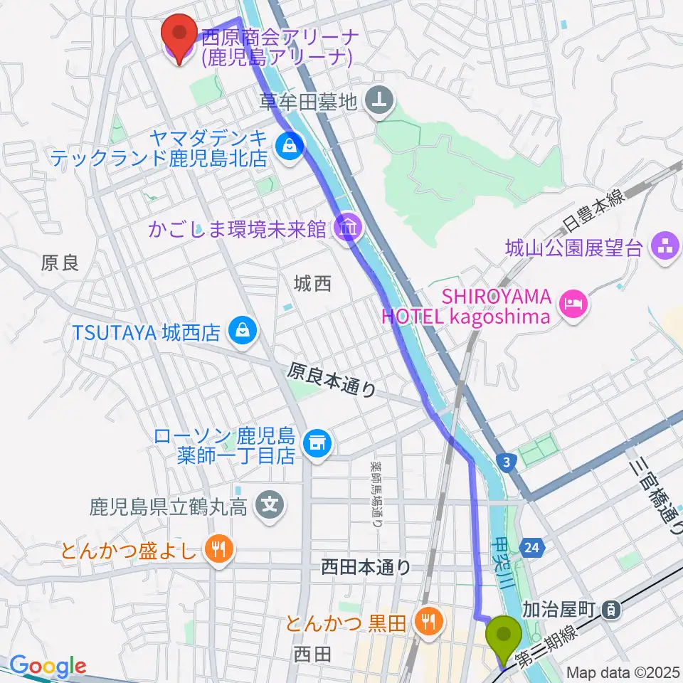 西原商会アリーナの最寄駅高見橋駅からの徒歩ルート（約33分）地図